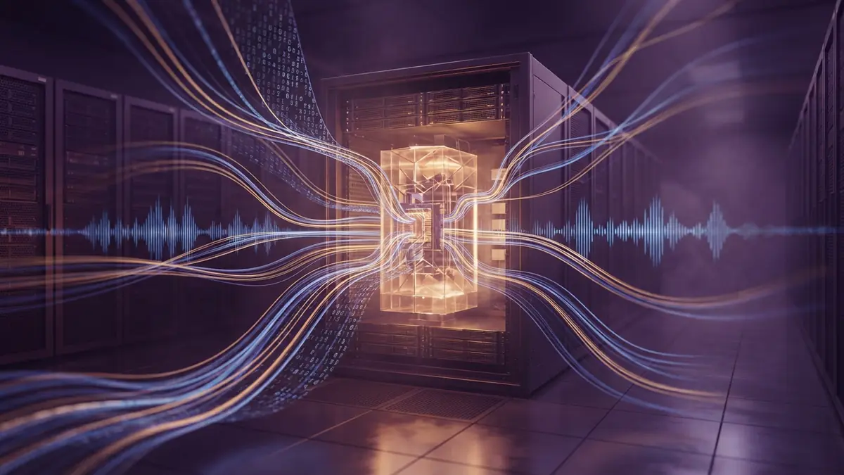 An illustration depicting visual, audio, and text data streams converging into a single processing core.