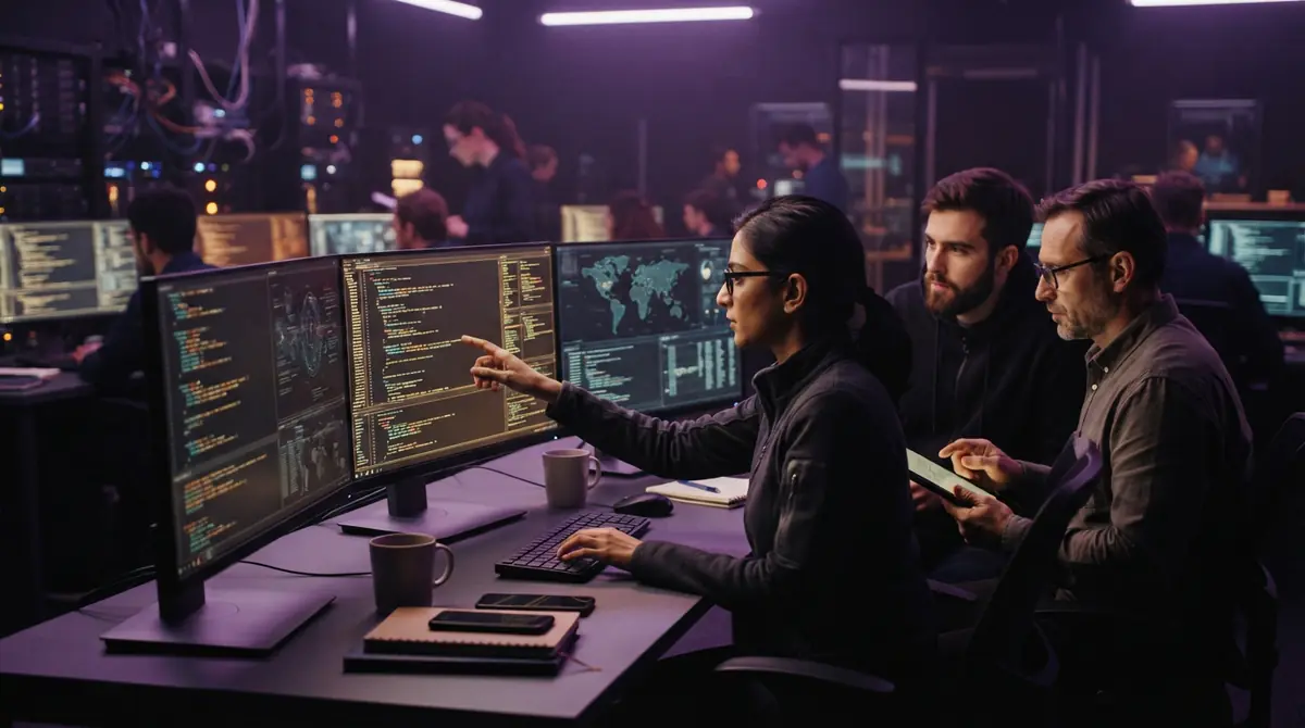 Illustration of cybersecurity analysts monitoring command line execution logs in a secure operations center