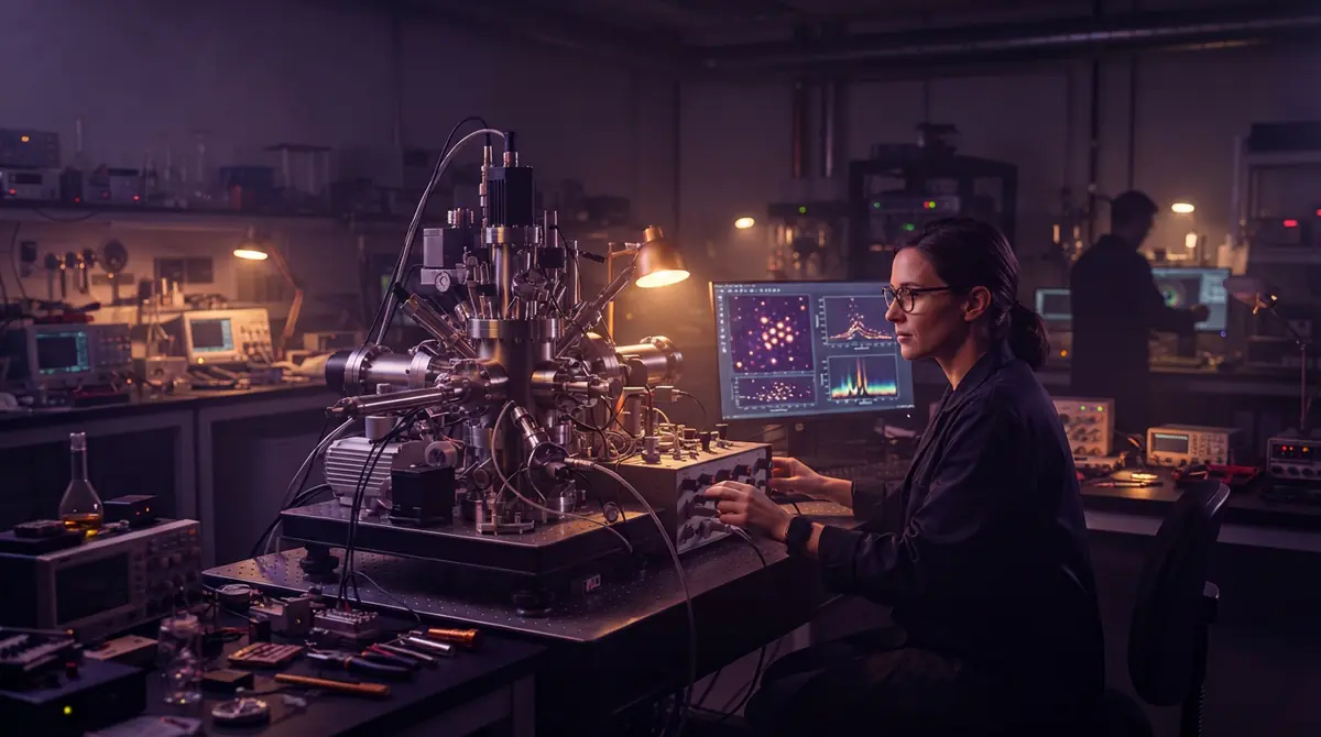 Illustration of an advanced spectroscopy and scanning laboratory used for atomic-scale imaging