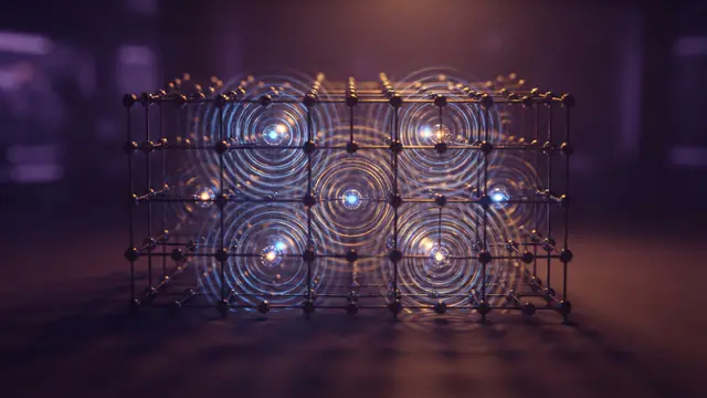 Conceptual illustration of quantum electron waves trapped inside a metallic crystal lattice