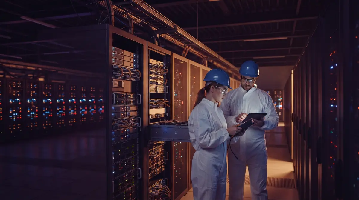 Engineers walking between tall illuminated server racks in a high-density data center