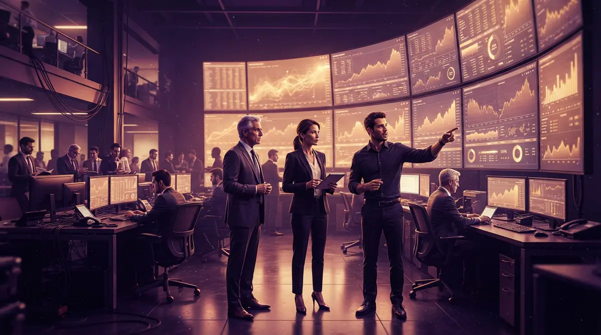 Financial analysts reviewing stock charts and valuation data on an exchange floor