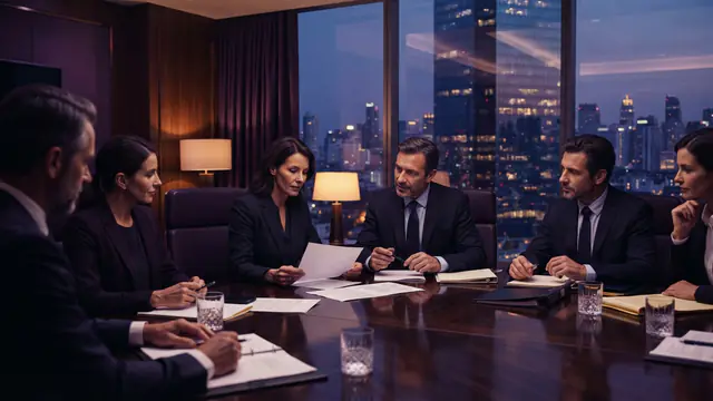 Business executives gathered in a conference boardroom finalizing an investment agreement