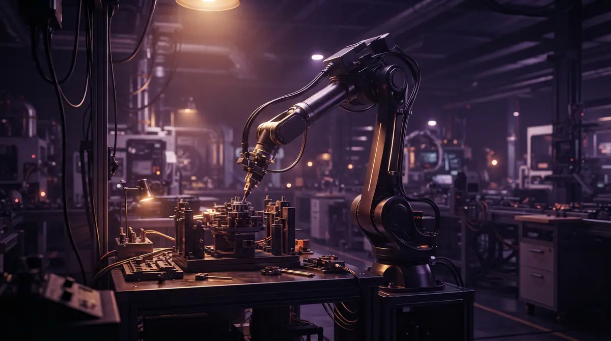 An AI-generated illustration of an intelligent robotic arm working on an automated factory floor