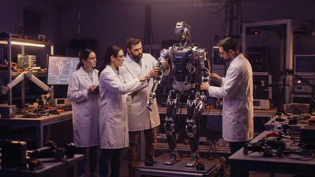 An AI-generated illustration of a humanoid robotics development lab with researchers inspecting a prototype