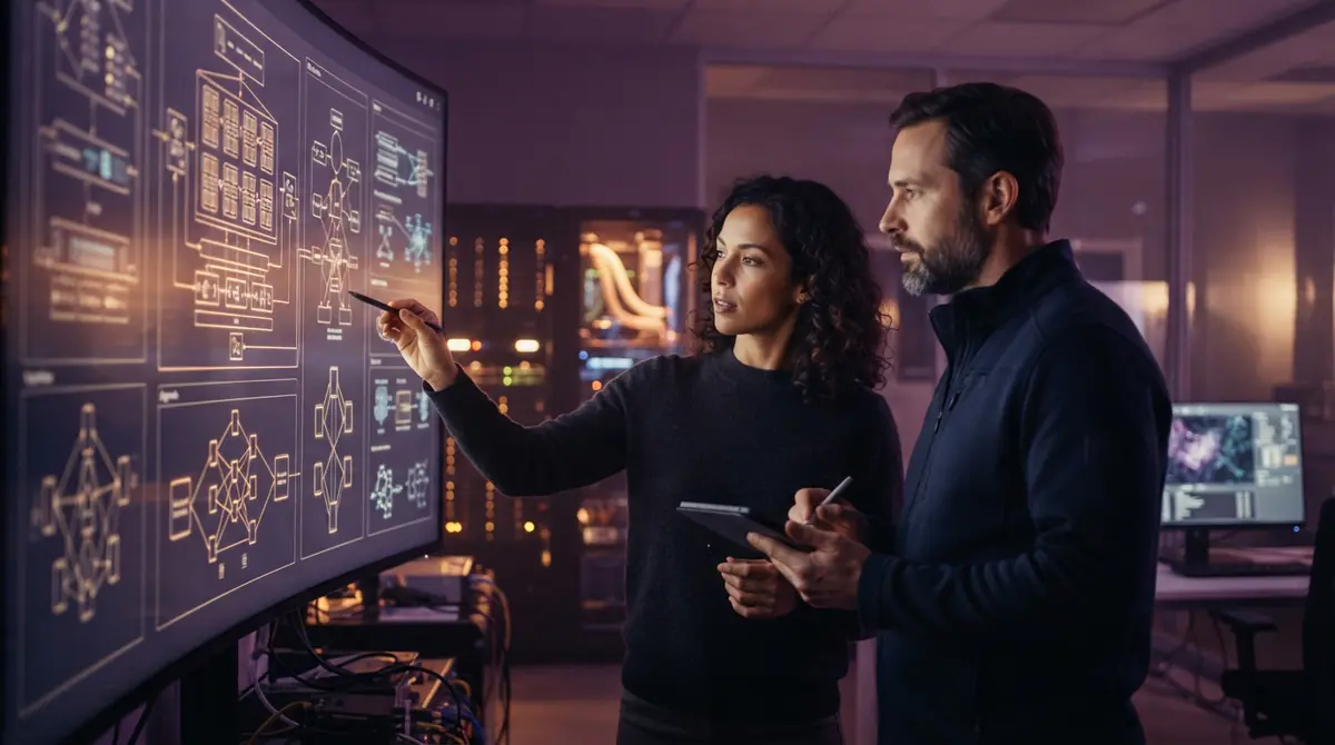 Software researchers collaborating in a development laboratory