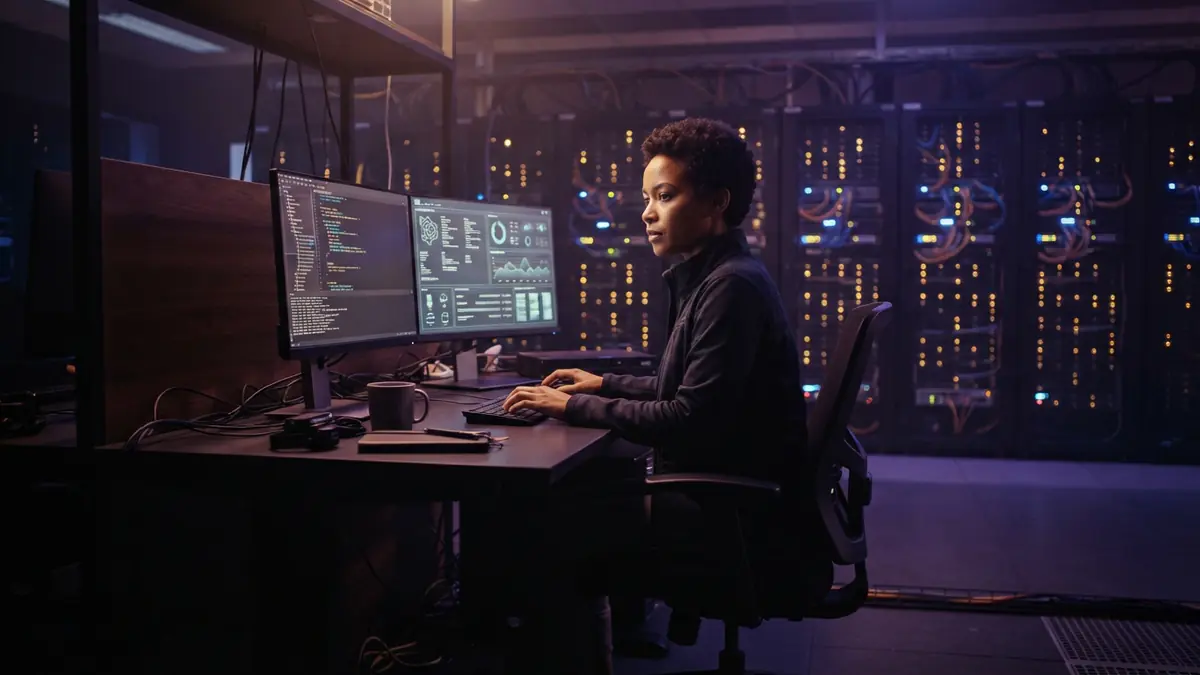 An engineer working in a modern server facility with compute clusters