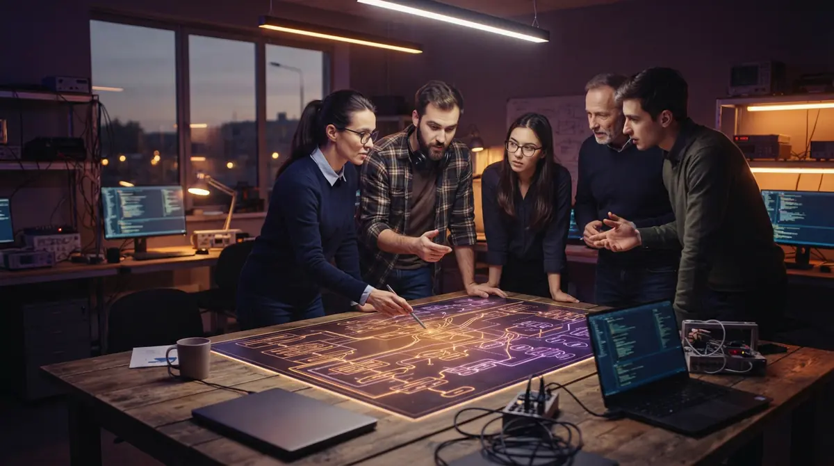 Illustration of software engineers discussing system architecture inside a technology laboratory.