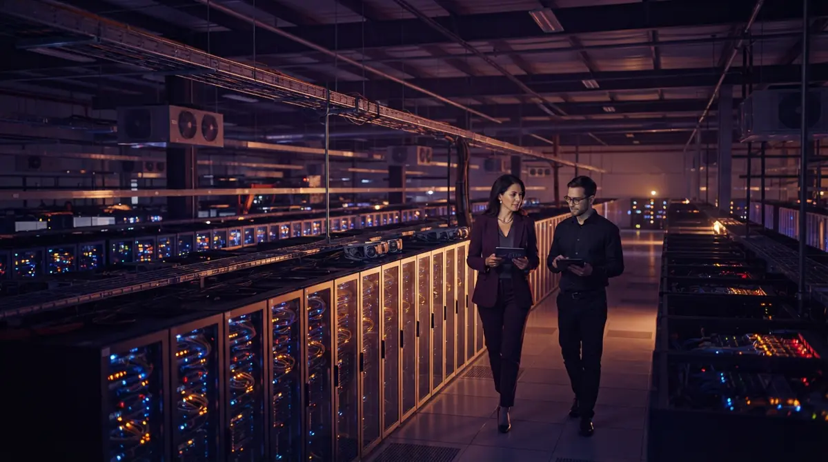 Illustration of an enterprise server hall housing compute clusters and data infrastructure.