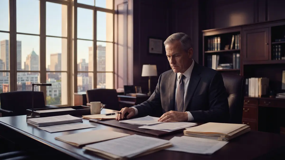 Illustration of a government official reviewing regulatory compliance filings in a modern office.