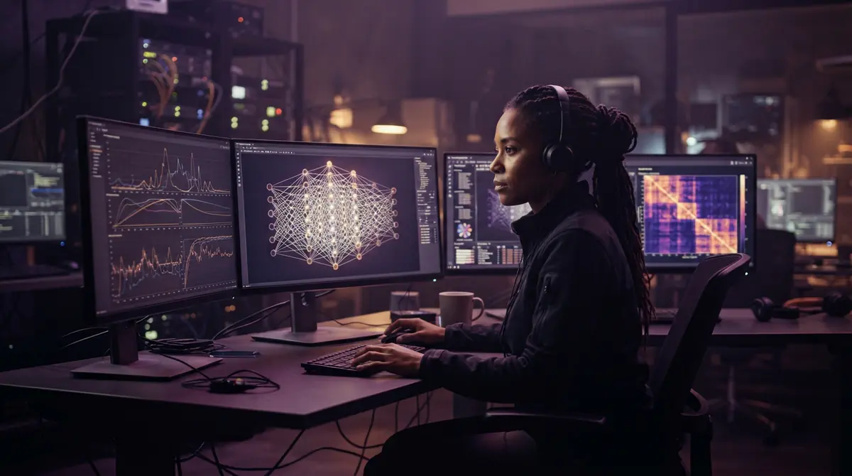 Computer engineer analyzing neural network parameters and model benchmark graphics