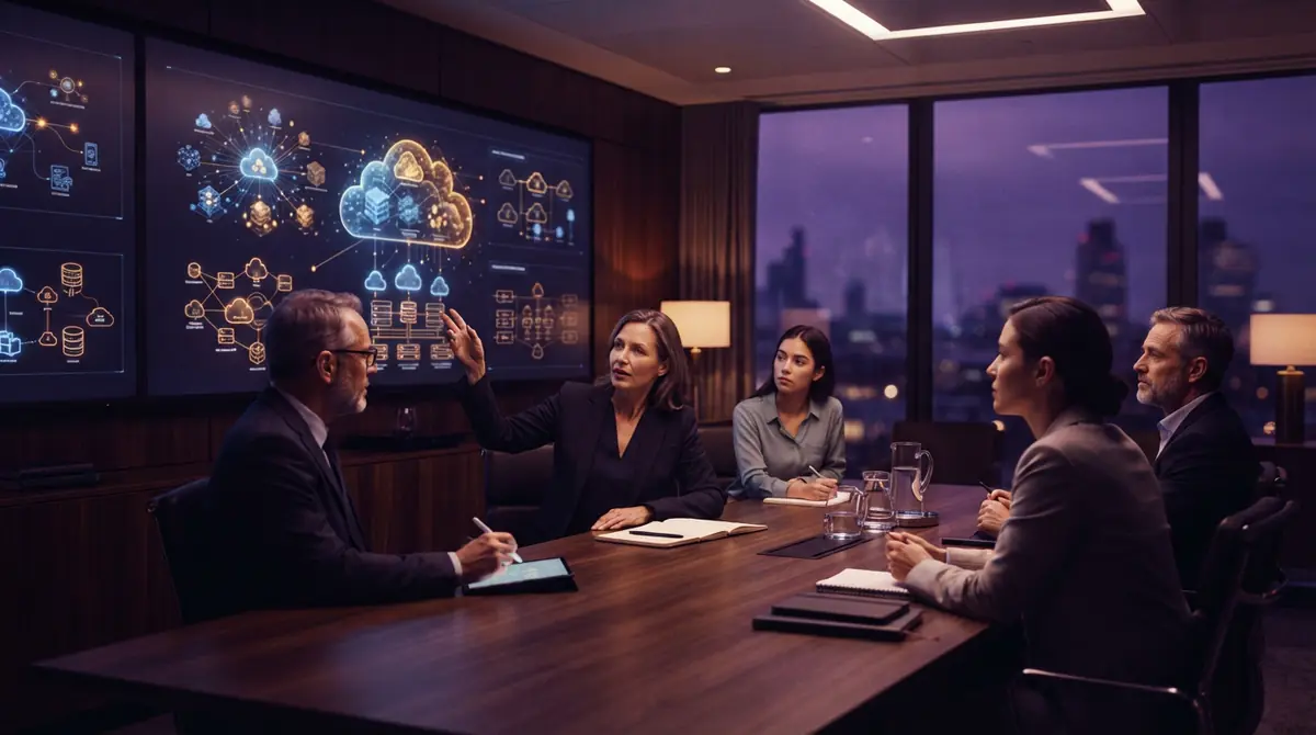 Technology professionals discussing digital infrastructure security in a conference room