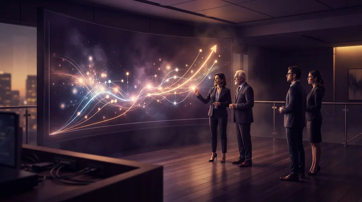 Illustration of investment analysts and executives reviewing financial charts and enterprise valuation metrics