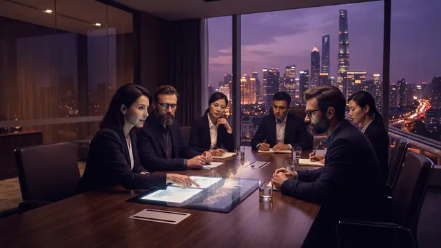 Illustration representing high-stakes corporate investment negotiations inside a high-rise office overlooking a city skyline