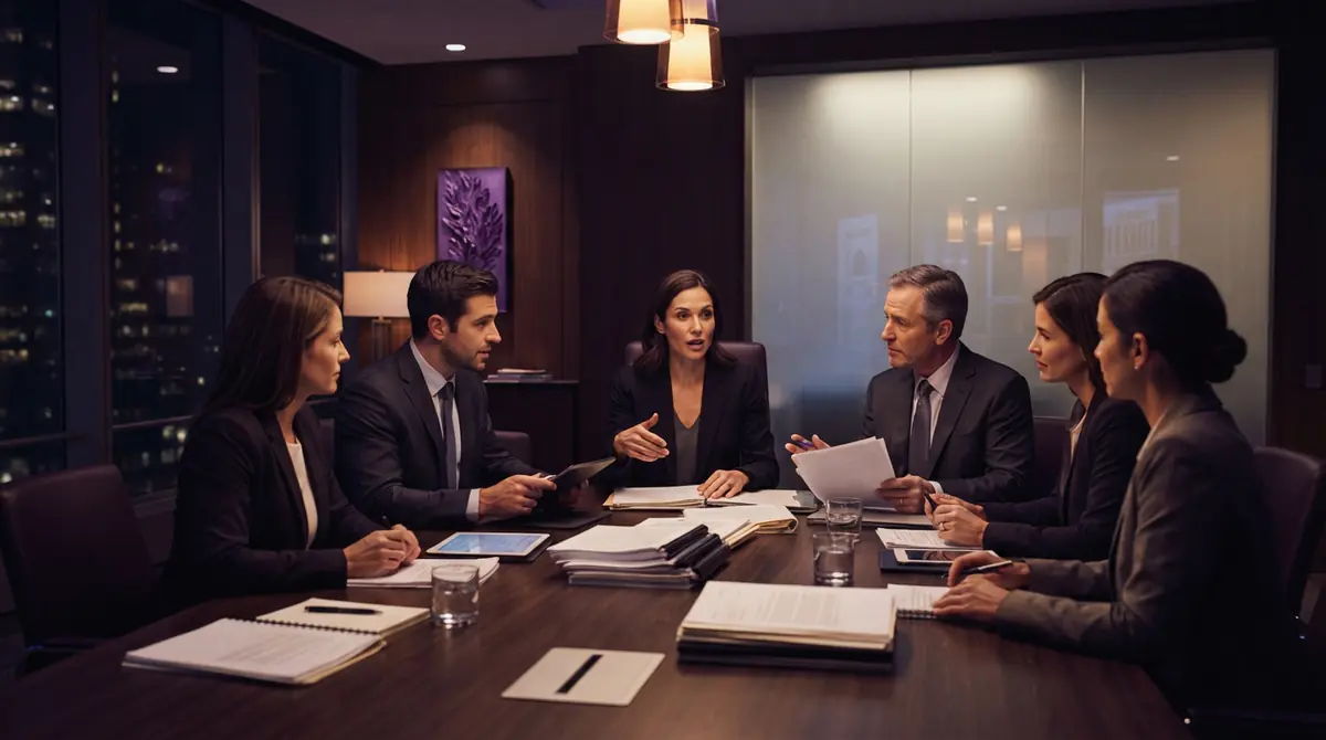 Illustration of financial advisors preparing corporate restructuring documents