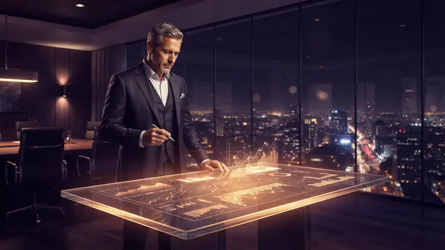 Illustration of corporate investors and executives reviewing financial expansion plans