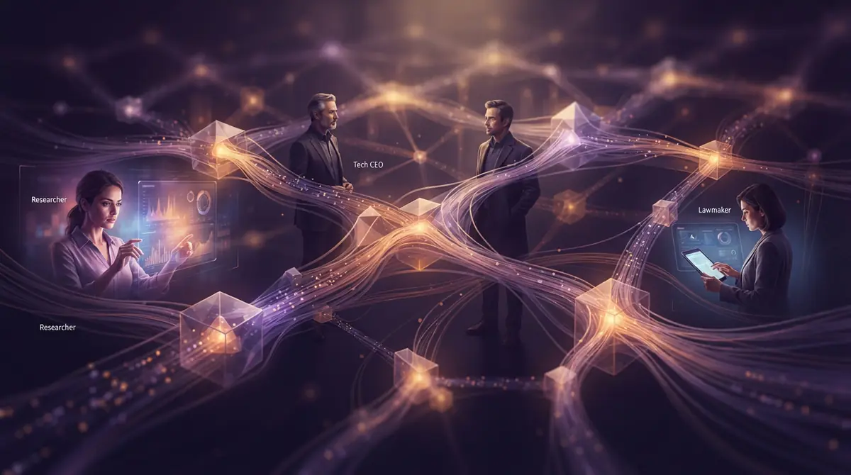 Abstract digital graphic of data nodes and search index pathways.