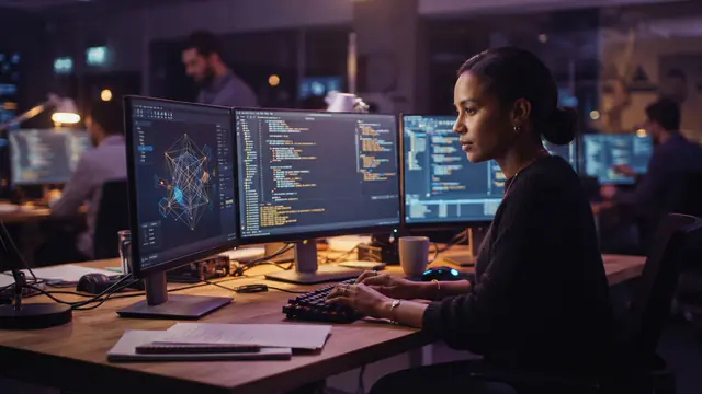 Digital illustration of monitors displaying code and geometric models in a workspace.