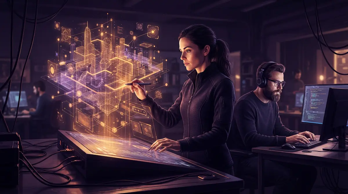 Illustration of a software creator generating 3D virtual structures and interactive simulations