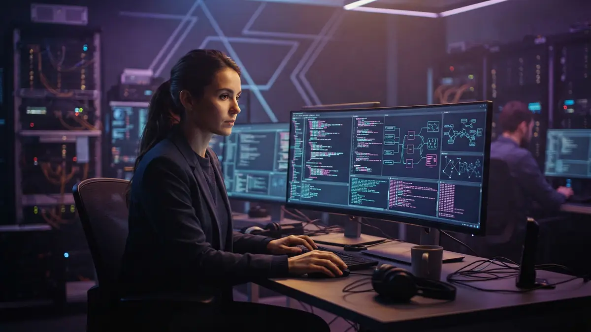 Illustration of a software developer working with automated coding tools in an illuminated laboratory setting