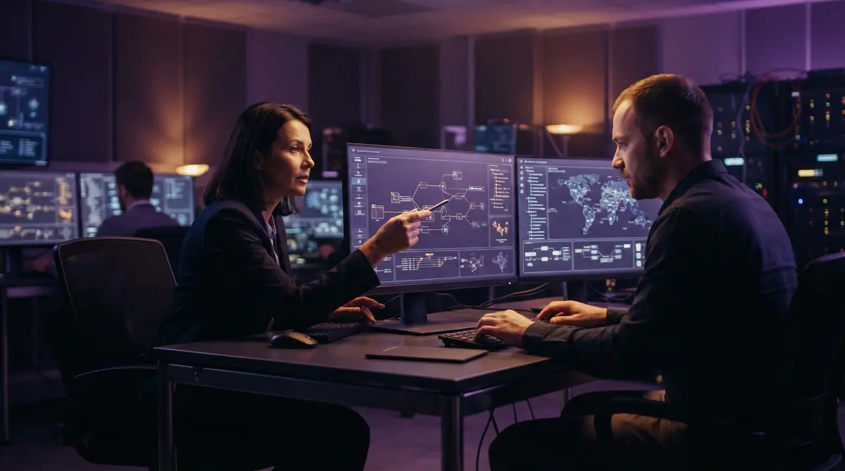 An illustration of technical analysts reviewing software dependency diagrams on computer screens.