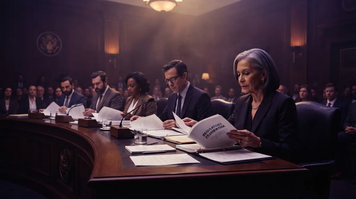 An illustration of officials conferring over policy documents in a committee room.