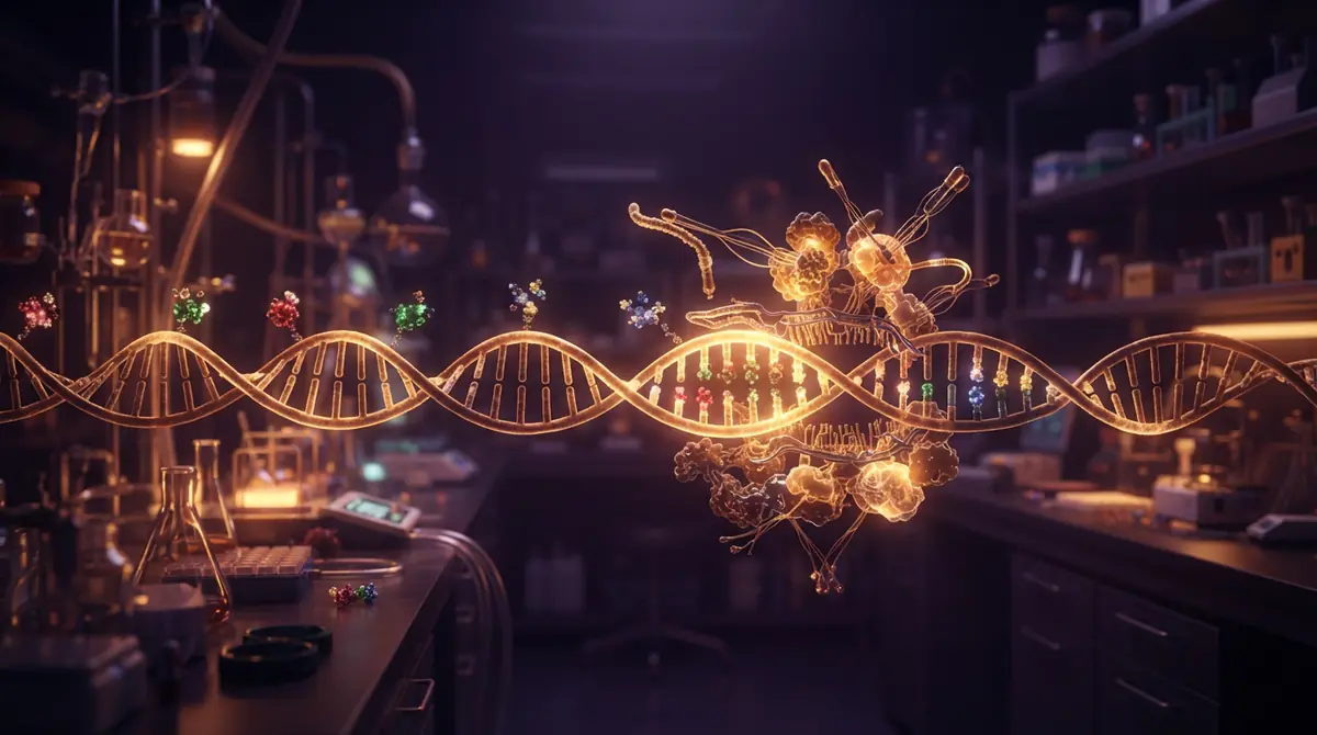 Diagrammatic illustration of an engineered DNA sequence being edited sequentially like a ticker tape.