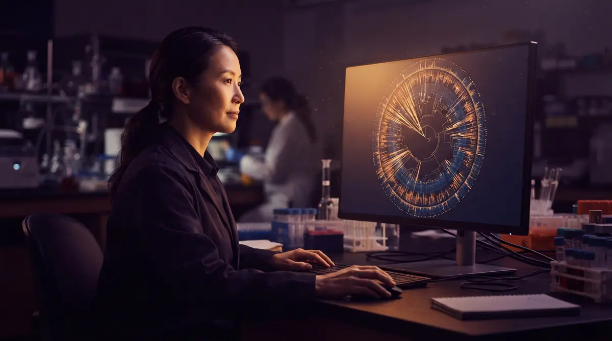 A scientist analyzing a large circular developmental tree of cellular descendants on a computer monitor.