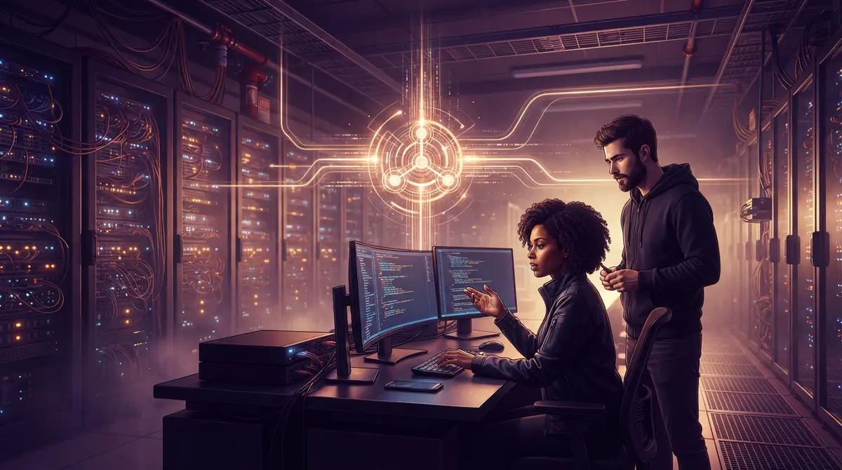 A visual representation of an open artificial intelligence model repository connected across data center servers.