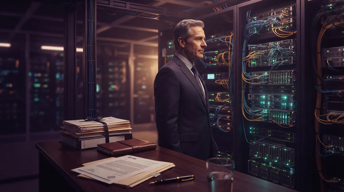 Microchip hardware and enterprise networking gear placed beside legal review folders.