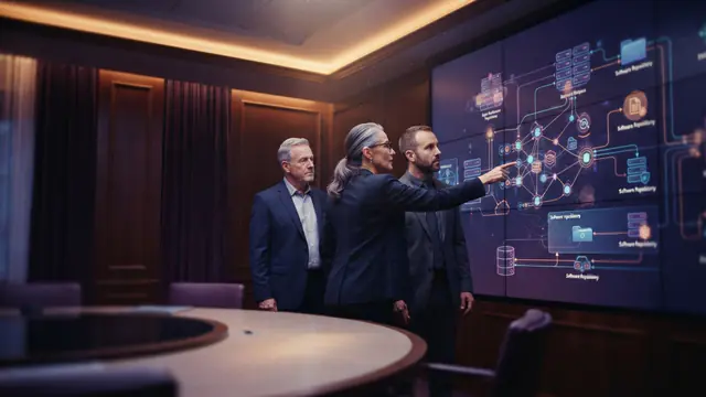 Federal officials reviewing digital network infrastructure diagrams inside a government briefing room.