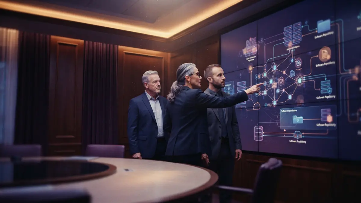 Federal officials reviewing digital network infrastructure diagrams inside a government briefing room.