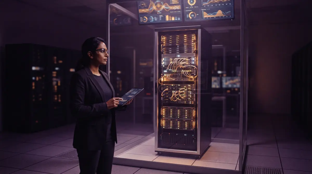 Server racks visible behind glass monitoring partitions in a research laboratory