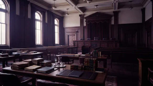 Legal briefs and statute books resting on a courtroom table under tall windows
