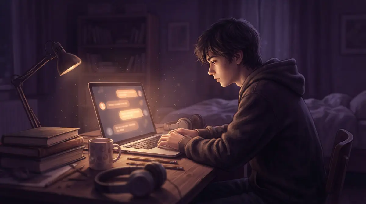 A dimly lit room showing an active chat interface on a laptop screen