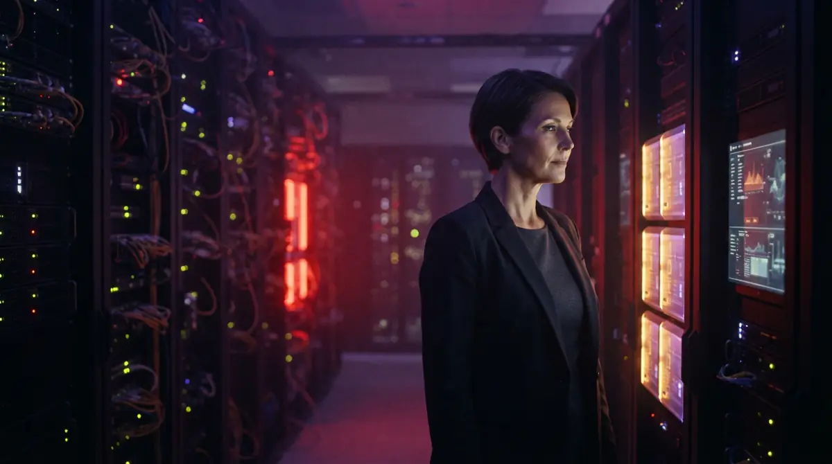 Server racks in a data facility showing caution indicators
