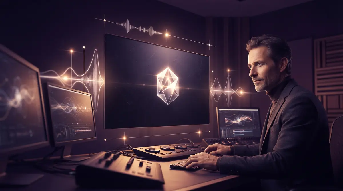 Graphic depicting video frames aligned with audio cue points and waveform markers.
