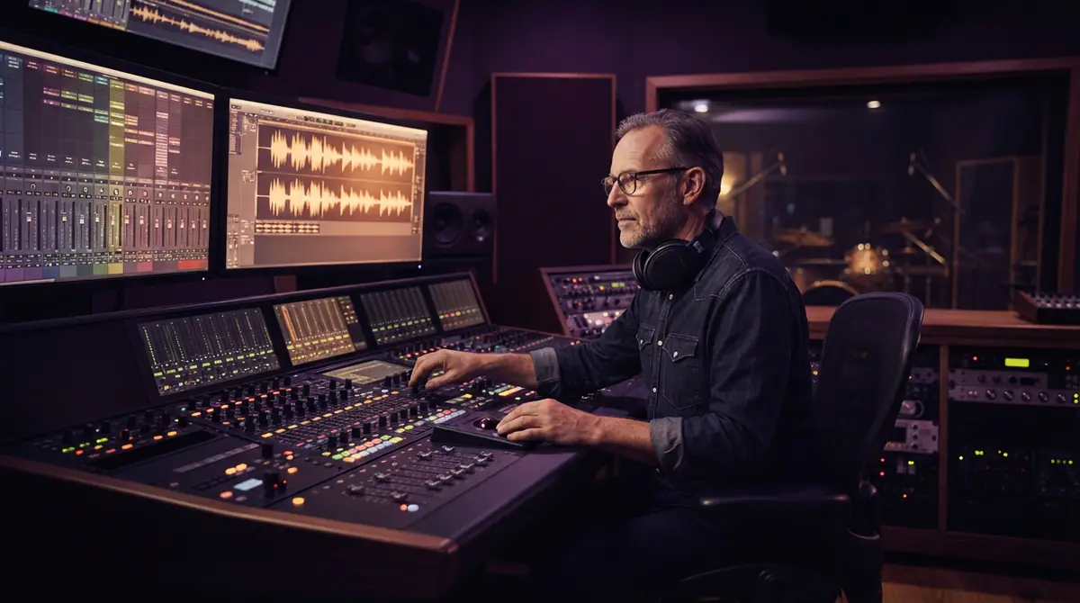 Sound designer organizing separate audio stem tracks and mixing channel controls.