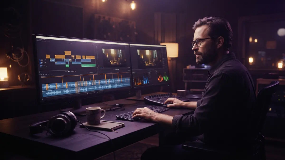 Digital video workstation displaying multi-track audio and sound effect waveforms matched to video frames.