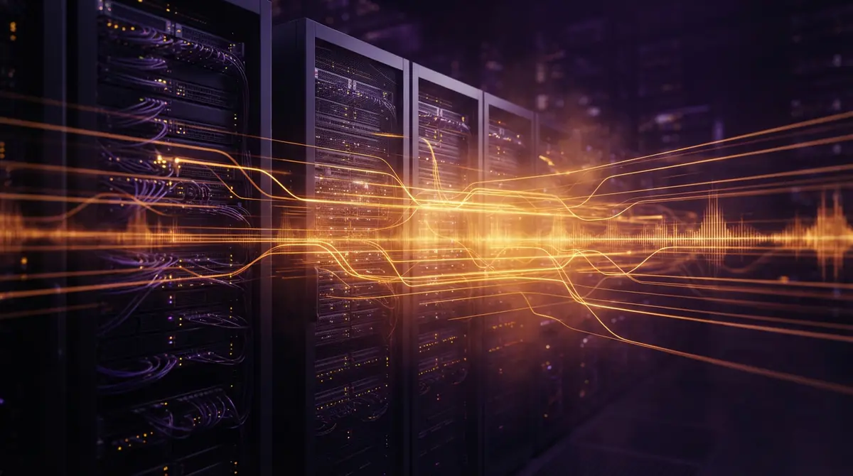 Illustration representing low-latency streaming audio data transferring through server infrastructure