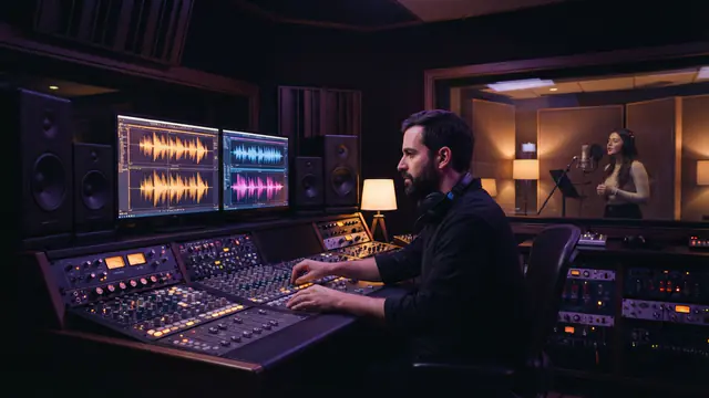 Illustration of a professional sound design studio with digital audio waveform visualizations
