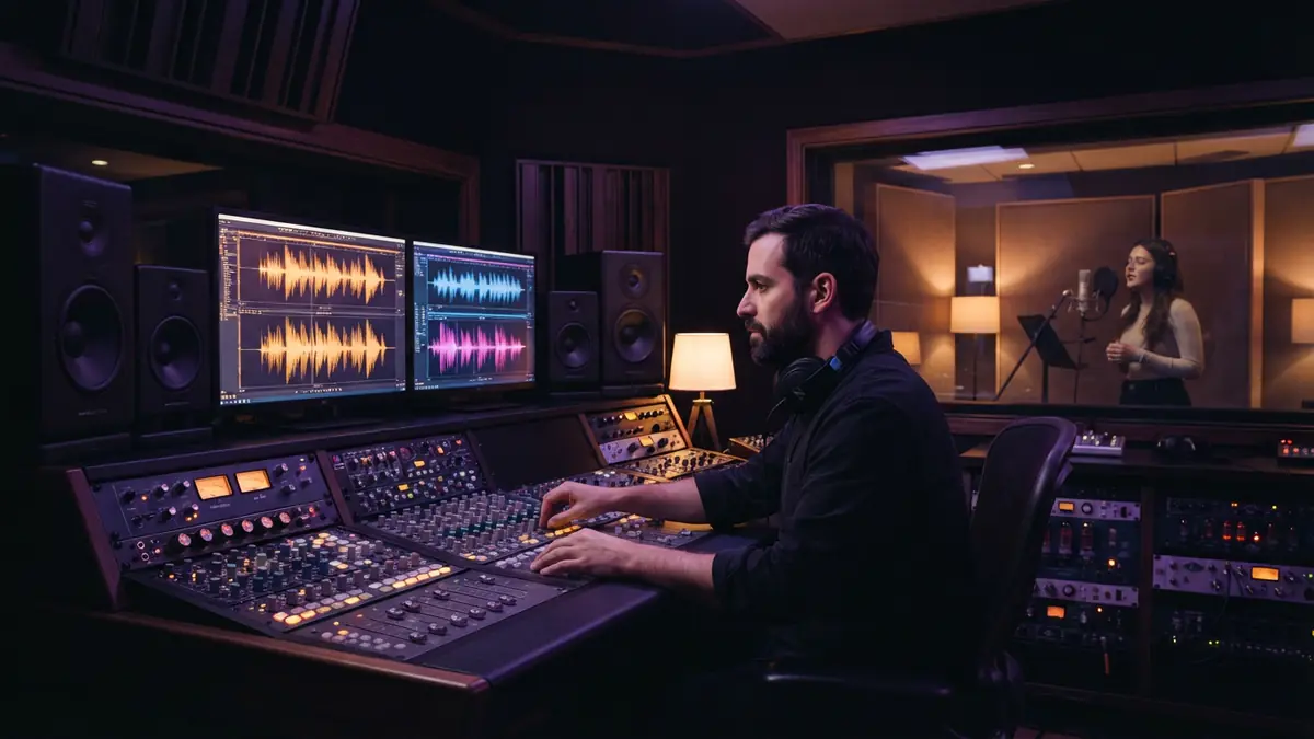 Illustration of a professional sound design studio with digital audio waveform visualizations
