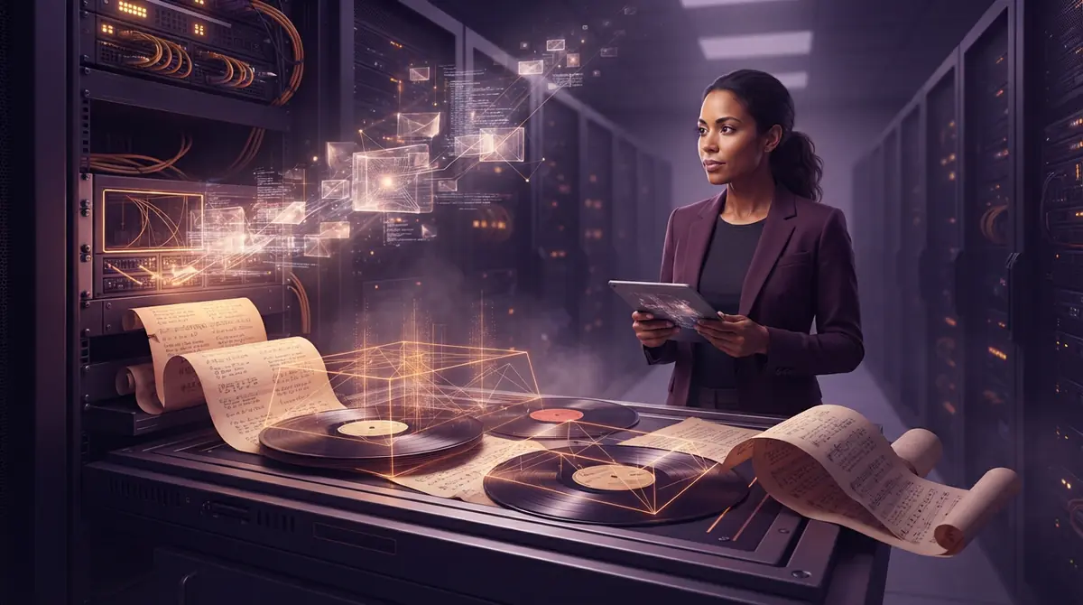 Illustration depicting music manuscripts and records converting into computational data