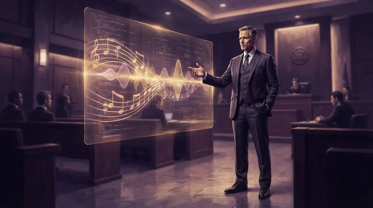 Illustration of a lawyer analyzing digital music waveforms and code on a projection screen