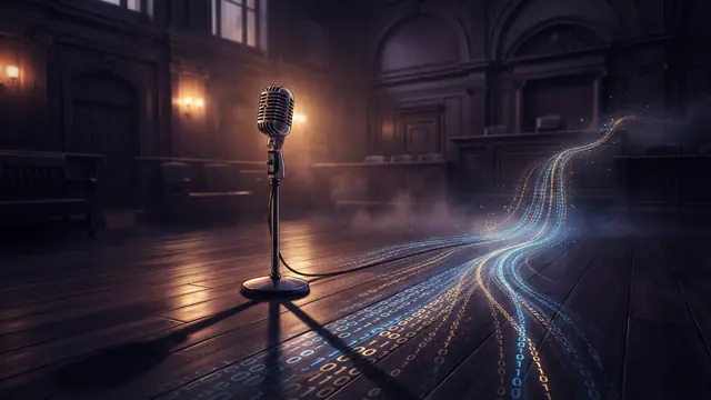 Illustration of a vintage microphone blending into digital streams inside a courtroom setting