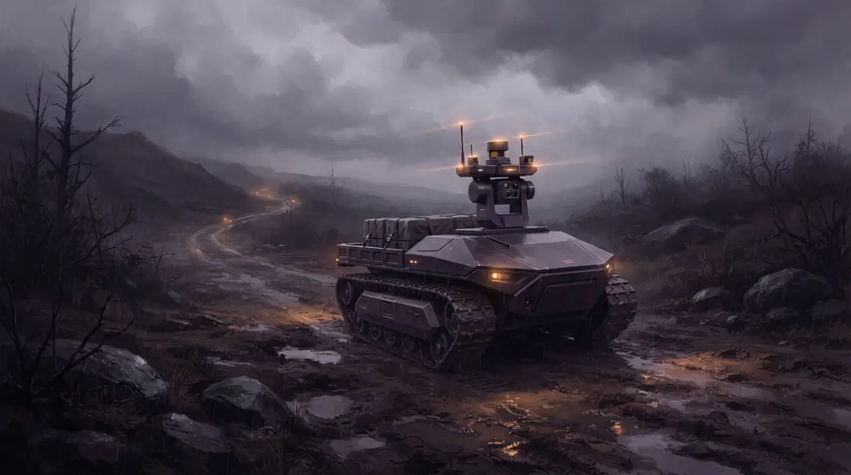 An unmanned ground vehicle traversing a muddy path on a supply delivery run