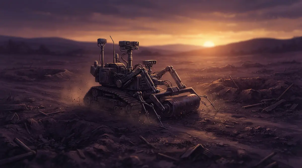A specialized robotic engineering unit navigating open ground during mine clearance operations