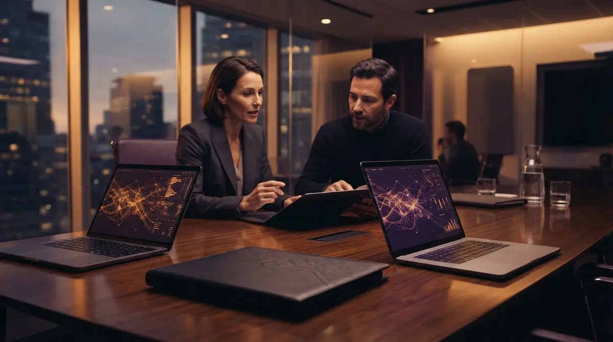 A corporate conference table displaying open laptops with diagnostics and an internal investigation folder
