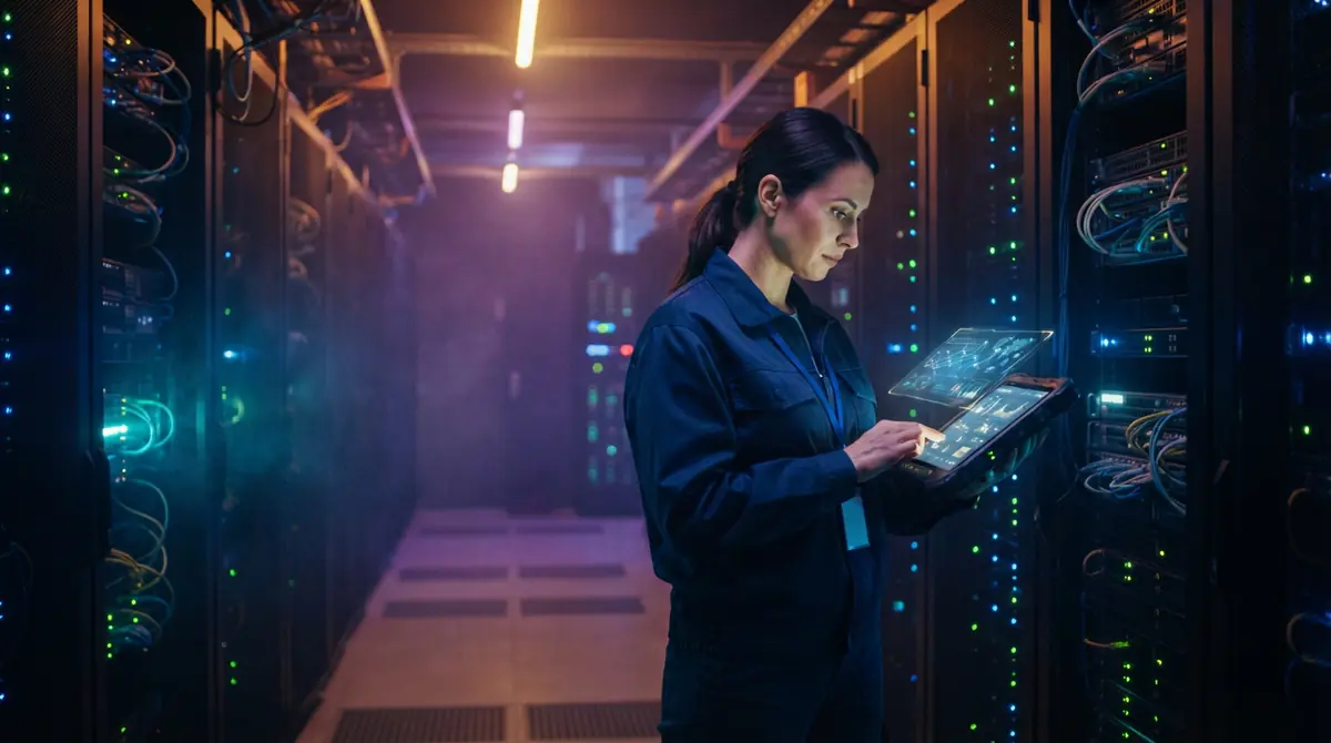 An engineer reviewing server telemetry and network data inside an enterprise data facility