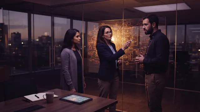 Three technology researchers standing inside a modern office reviewing safety diagrams on an illuminated board